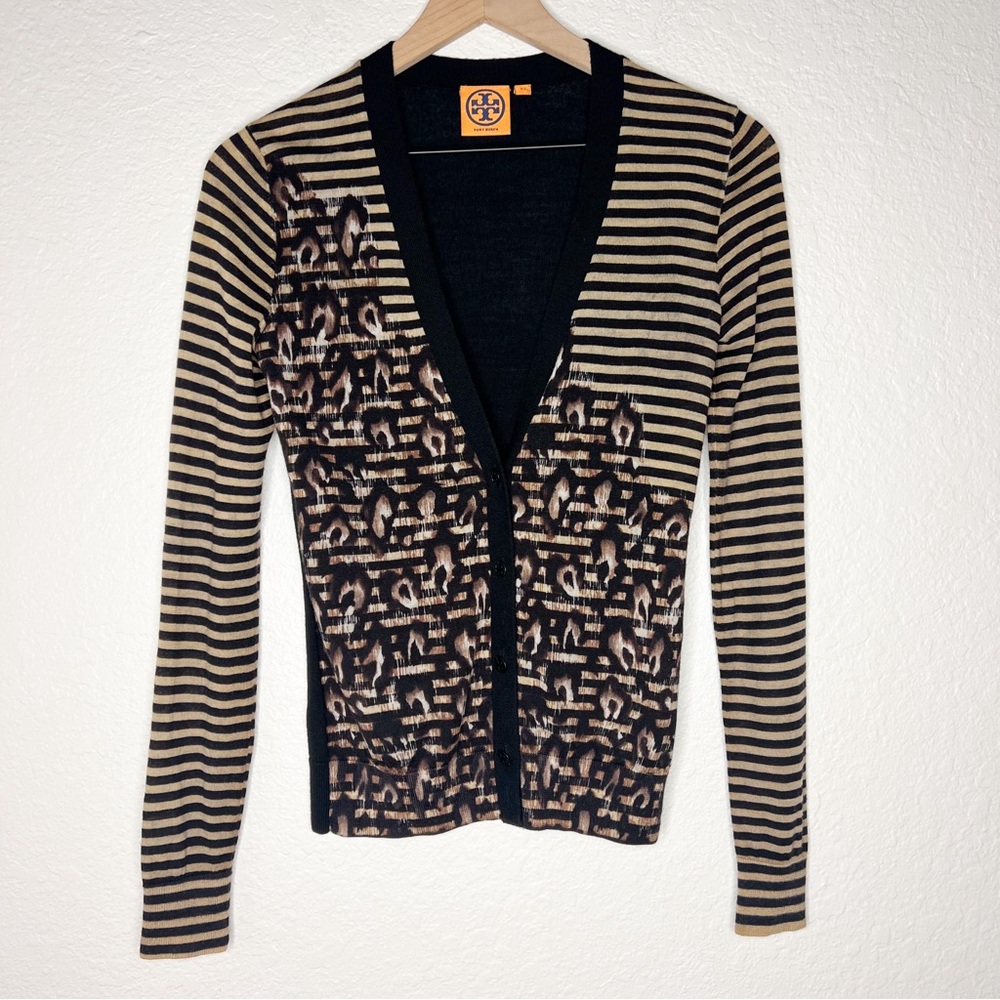 Tory Burch Brady Cardigan Black Tan Stripes Printed Lightweight Wool size XS